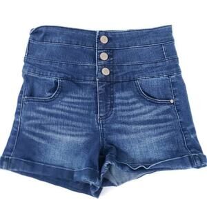 Tinselton High Waist Mom Shorts Dark Wash, Buttons, Size 0 Juniors Roll Cuff